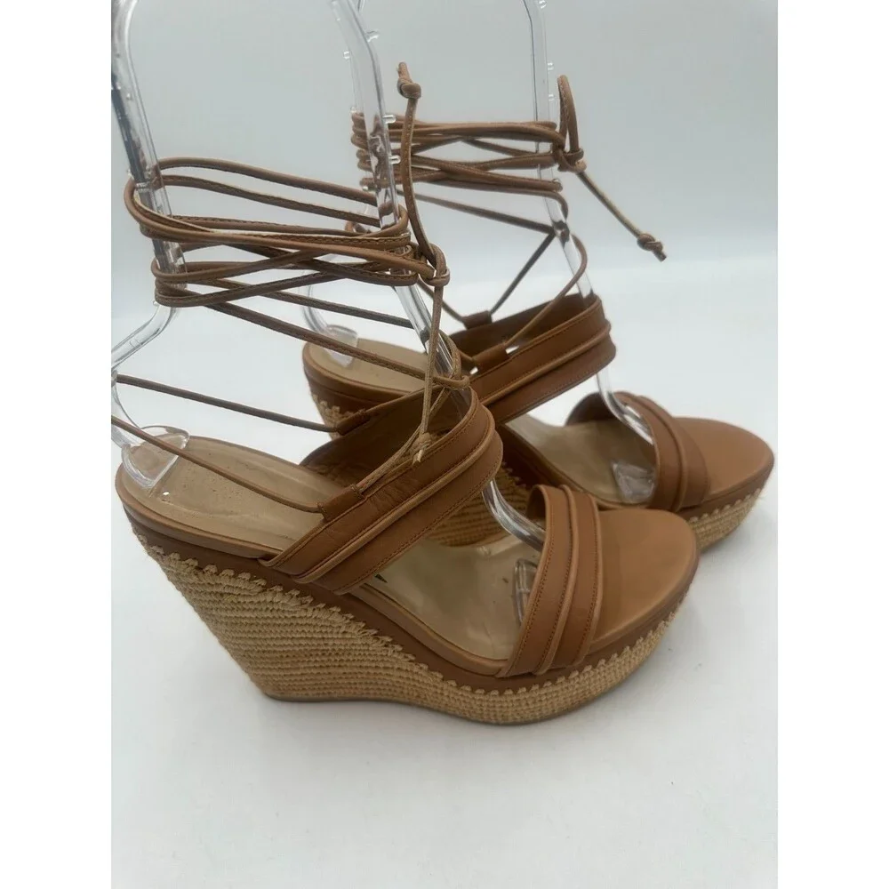 Stuart Weitzman Abandon Tan Leather Lace Up Espadrille Raffia Wedge Size 11M